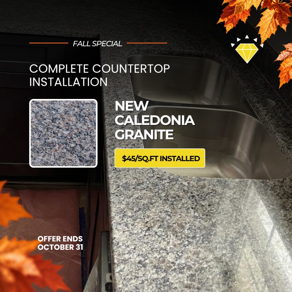 New Caledonia granite fall special — complete countertop installation $45 per square foot installed