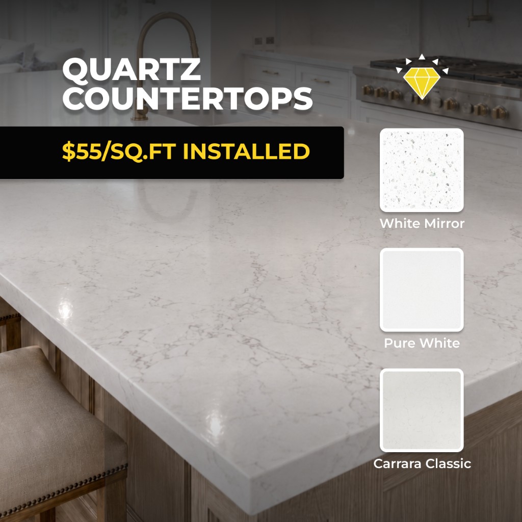 Quartz countertop special — $55 per square foot installed with White Mirror, Pure White, and Carrara Classic